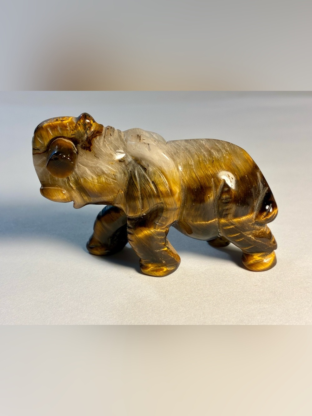 Vintage Tigers Eye/Crystal Carved Miniature Elephant Carrying A Log